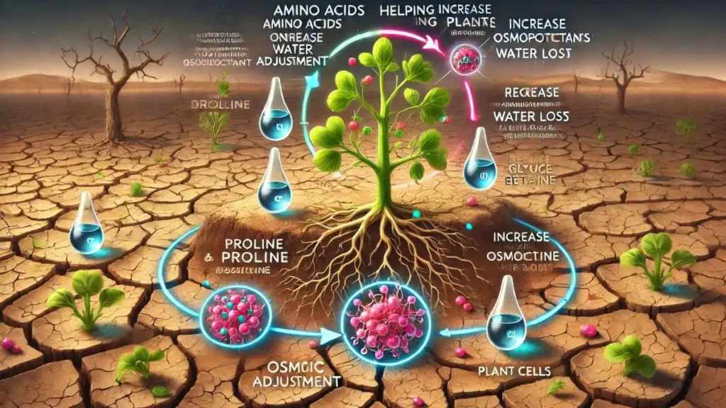 ภาพกราฟิกแสดงกลไกการปรับสมดุลออสโมติกของกรดอะมิโนในเซลล์พืช เพื่อช่วยลดการคายน้ำและเพิ่มความทนแล้ง