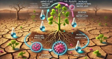 ภาพกราฟิกแสดงกลไกการปรับสมดุลออสโมติกของกรดอะมิโนในเซลล์พืช เพื่อช่วยลดการคายน้ำและเพิ่มความทนแล้ง